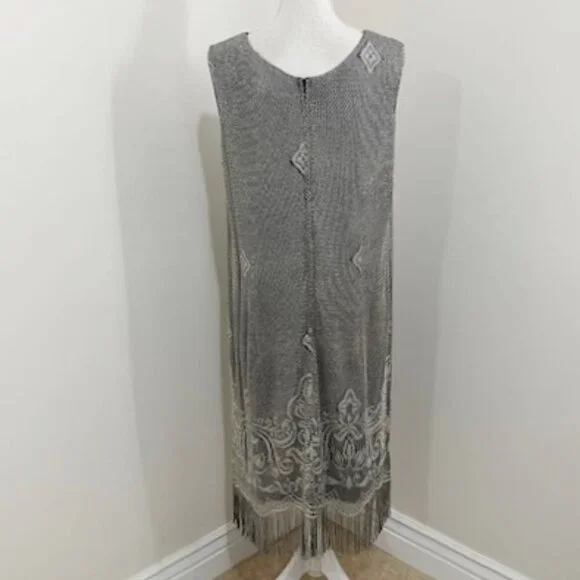 Onyx Nite Vintage Wendye Chaitin Silver Metallic Mesh Fringe Midi Dress & Duster - Picture 6 of 11